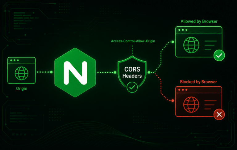 NGINX CORS headers diagram showing allowed and blocked browser responses from an origin request