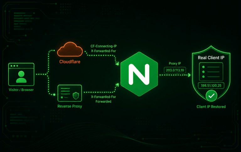 Diagram of Cloudflare and reverse proxy headers restoring real client IPs in Nginx