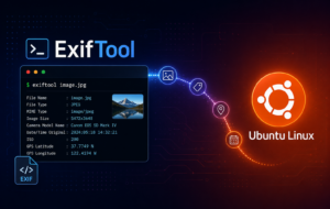 ExifTool terminal metadata panel beside the Ubuntu Linux logo