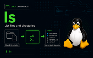 ls command graphic showing folder icons, terminal output, listed files, and the Linux Tux mascot