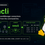 nmcli command graphic with network diagrams, Wi-Fi scan output, and Tux on a dark Linux background