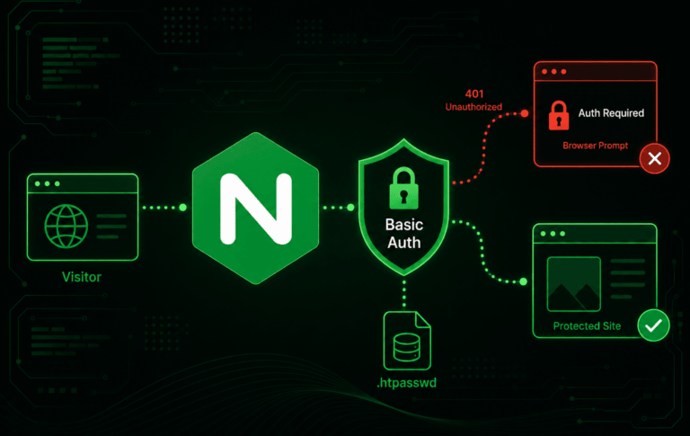 Nginx Basic Authentication diagram with visitor, htpasswd file, protected site, and 401 unauthorized browser prompt