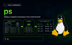 Linux ps command graphic showing process context, ps input, output list, and Tux
