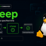 sleep command graphic with a Linux terminal delay flow, sleep 5 example, and Tux mascot