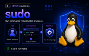 Linux sudo command image showing user authentication, sudo whoami, and a root task workflow