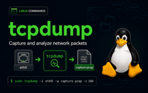 tcpdump Linux Commands graphic showing eth0 packet capture to capture.pcap beside Tux on a dark network background