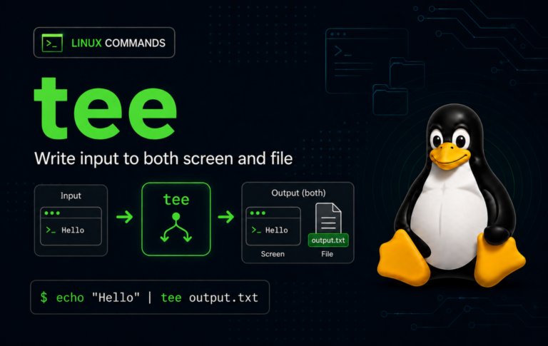 Tux beside a tee command diagram showing input split to terminal output and output.txt