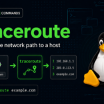 Traceroute command graphic showing network hops, terminal output, and Tux on a dark Linux background