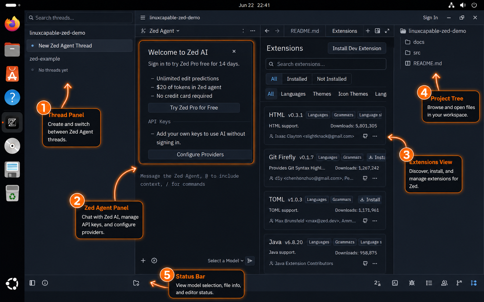 Zed Agent Panel showing AI setup, thread panel, Extensions view, project tree, and status bar