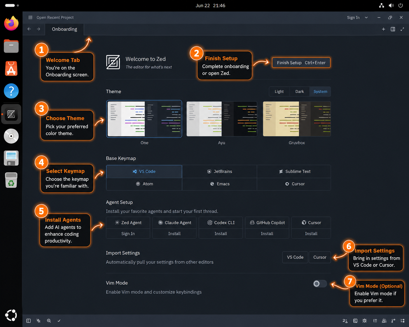 Zed onboarding screen showing theme, keymap, agent setup, import, and Vim mode options