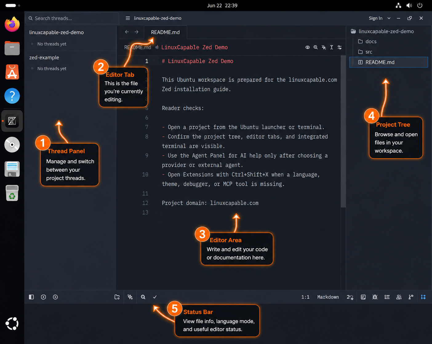Zed workspace showing a README file, project tree, thread panel, editor area, and status bar