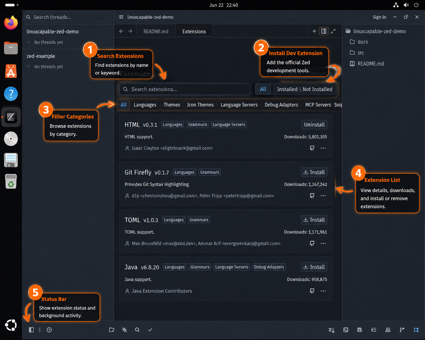 Zed Extensions Gallery showing search, filters, extension list, install buttons, and status bar