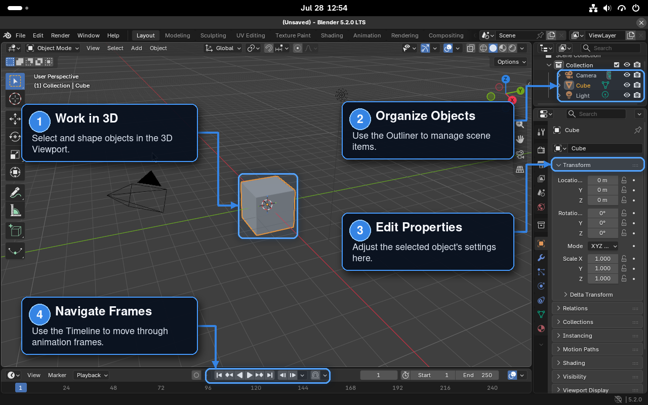 Blender Layout workspace showing the 3D Viewport, Outliner, Properties editor, and Timeline