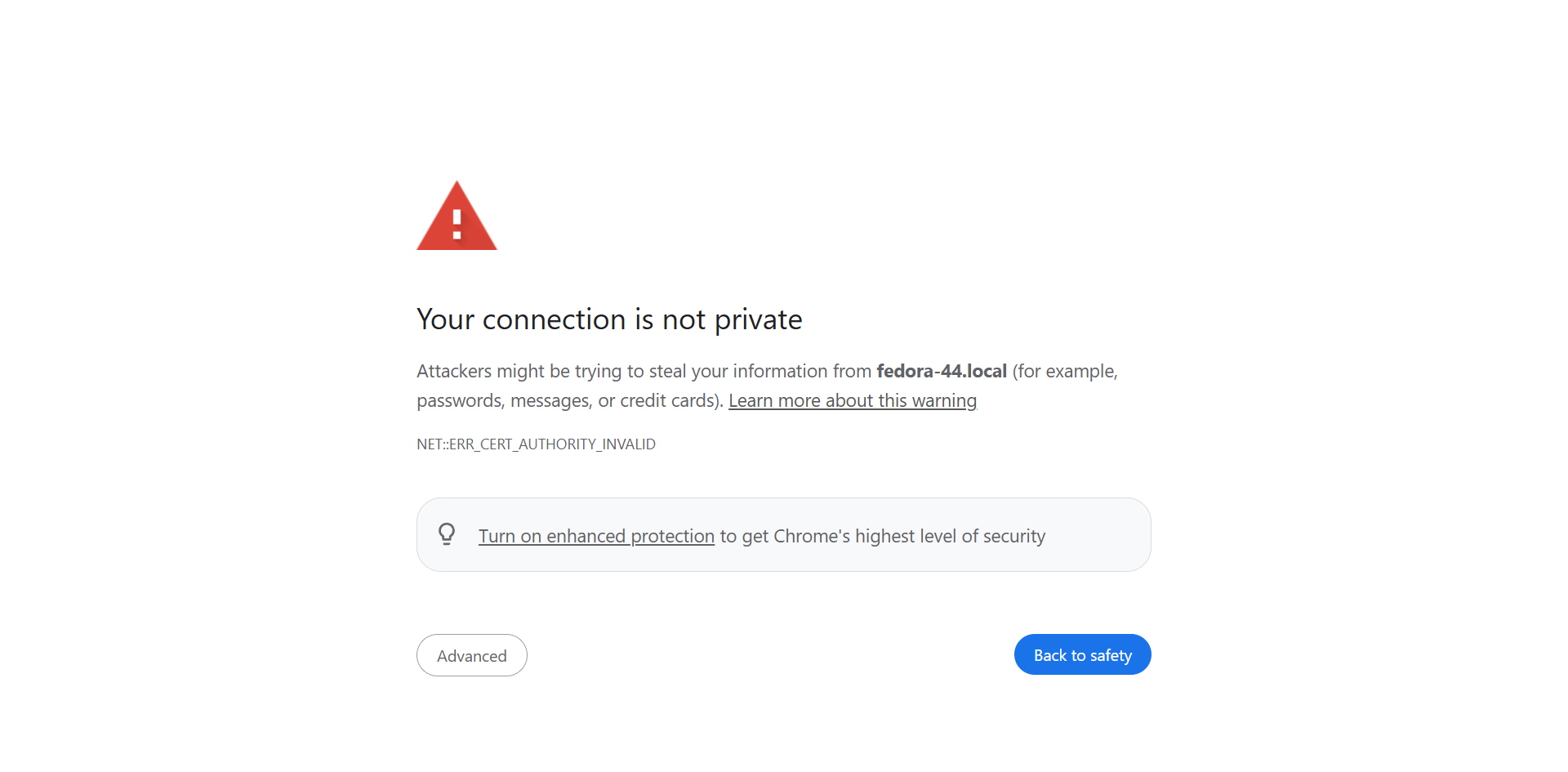 Chrome certificate warning for Cockpit's self-signed HTTPS connection on Fedora