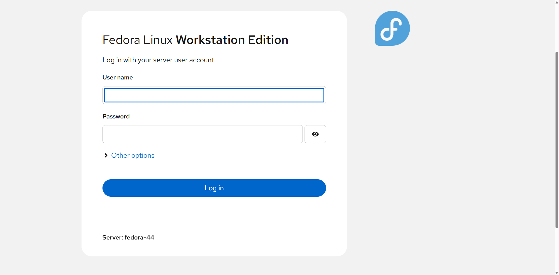 Cockpit login page on Fedora with system username and password fields