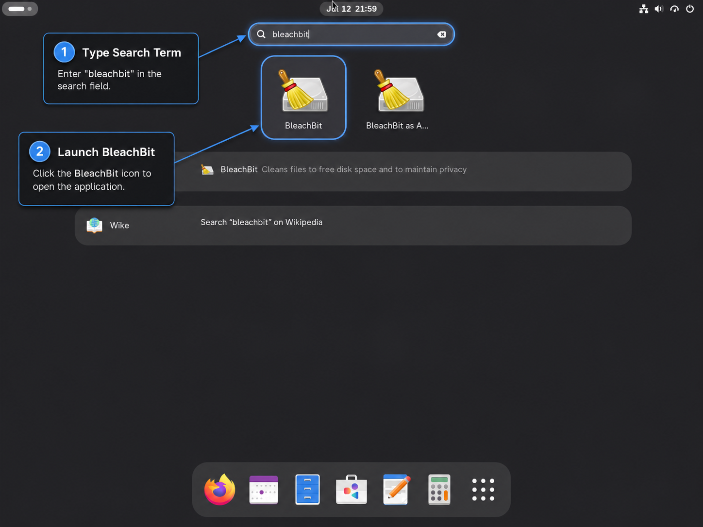 Fedora Activities search showing the BleachBit application launcher