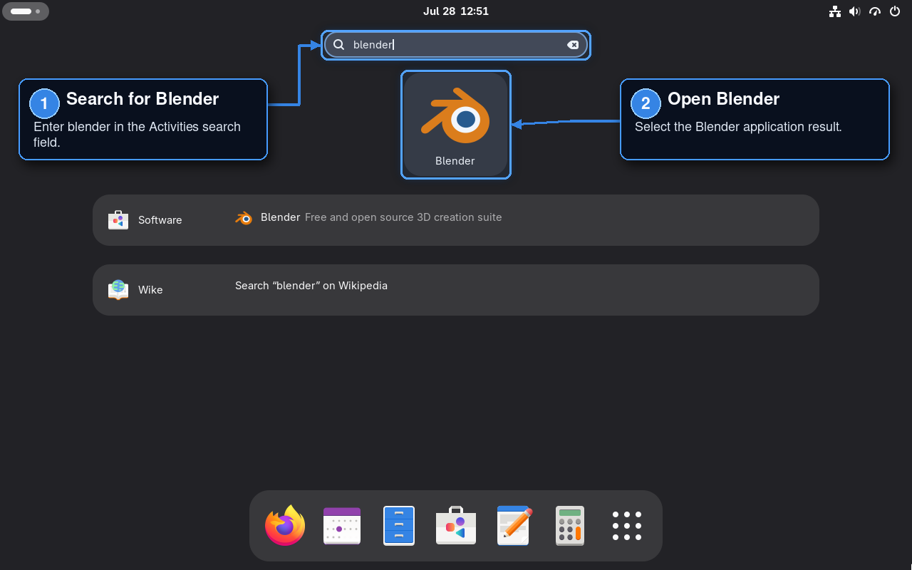 Fedora Activities search showing the Blender application result