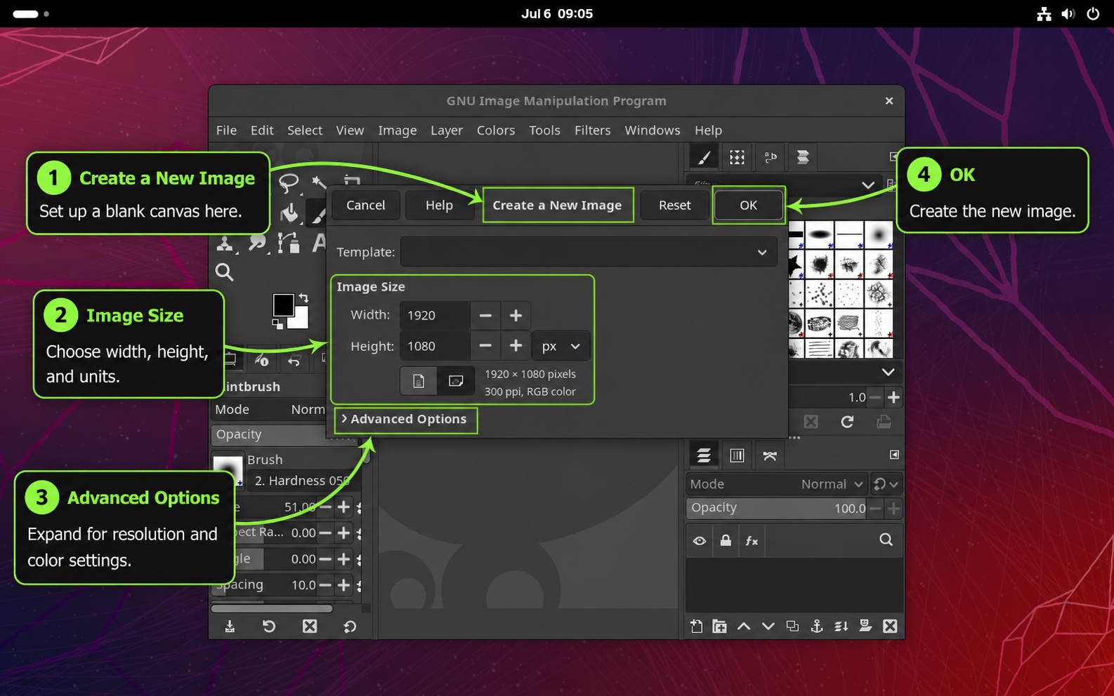 GIMP Create a New Image dialog with callouts for image size, advanced options, and OK button