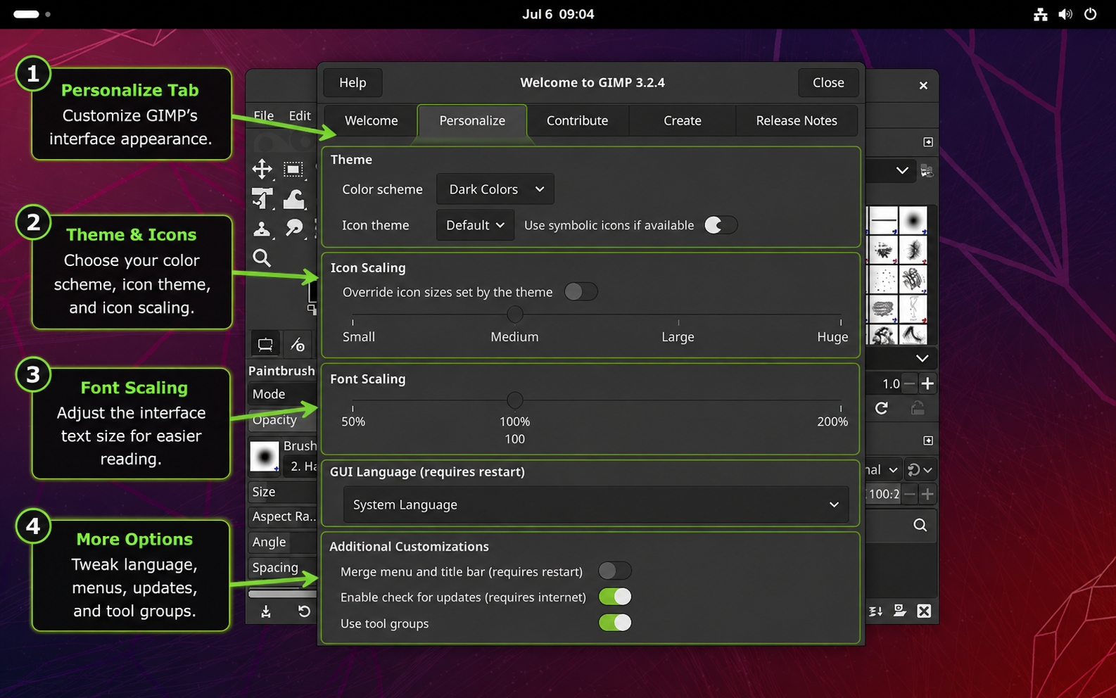 GIMP Personalize tab with callouts for theme, icon scaling, font scaling, and tool options