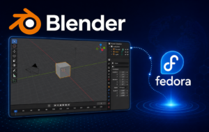 Blender 3D workspace and logo connected to Fedora Linux branding