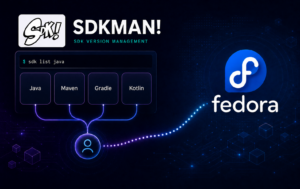 SDKMAN and Fedora logos with Java, Maven, Gradle, and Kotlin version management