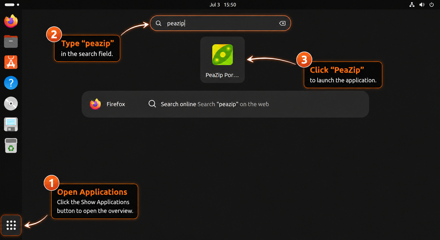 Ubuntu Activities search with annotated steps to find and launch PeaZip