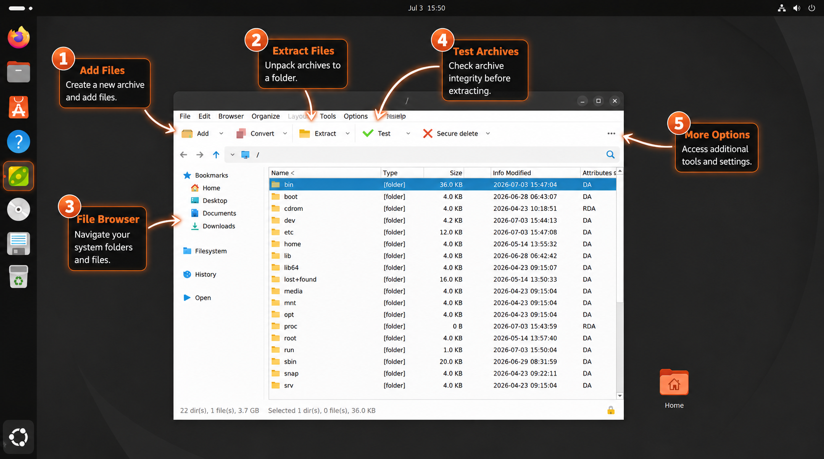 PeaZip main window on Ubuntu with annotated archive toolbar actions