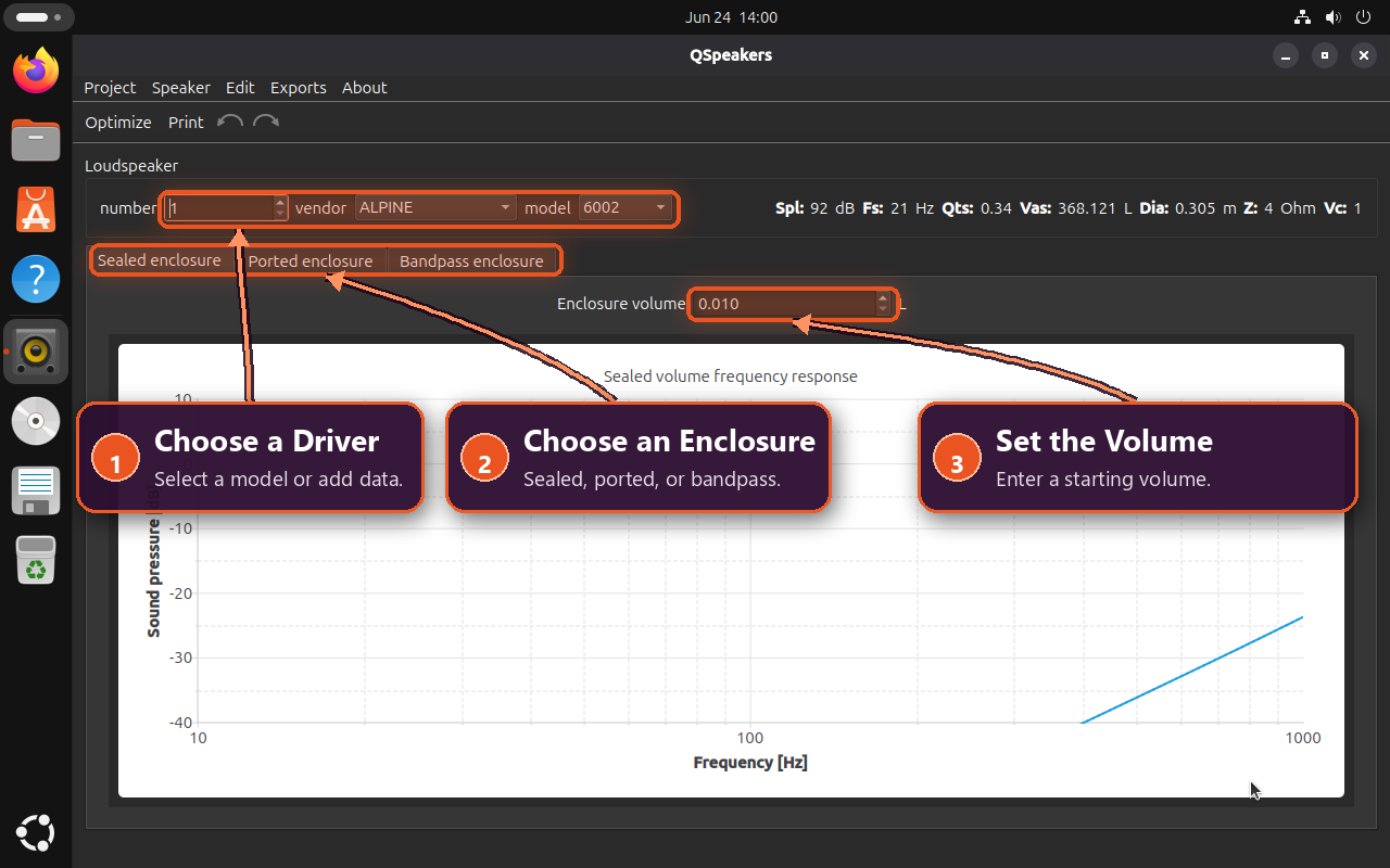 QSpeakers controls for selecting a driver, enclosure type, and volume on Ubuntu