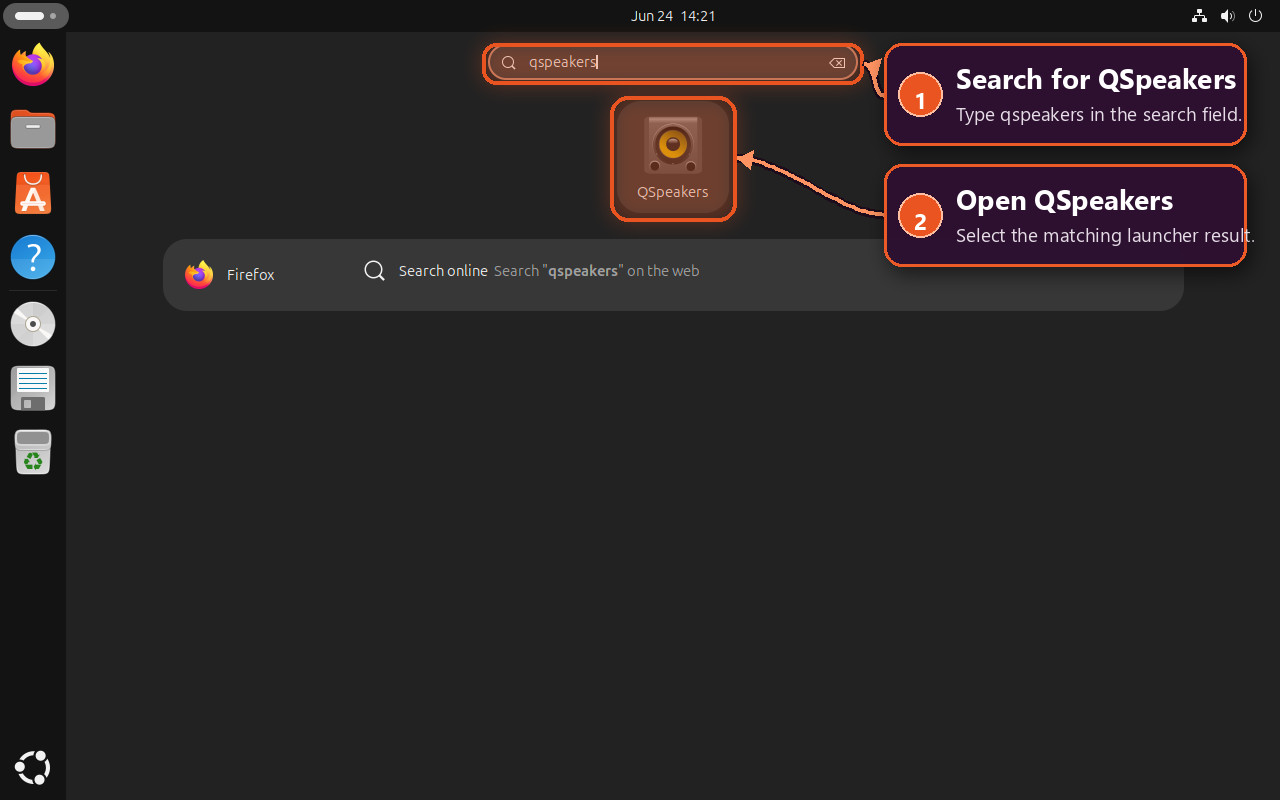 Ubuntu application search showing the QSpeakers launcher result