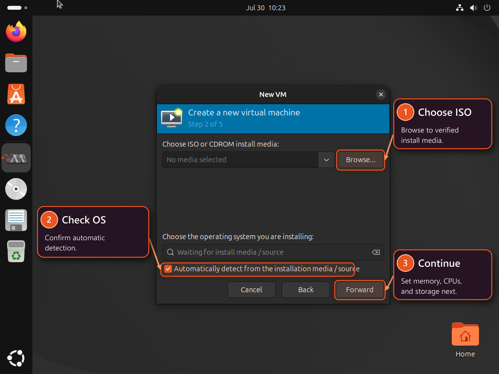 virt-manager New VM wizard on Ubuntu showing ISO selection, automatic OS detection, and the Forward button