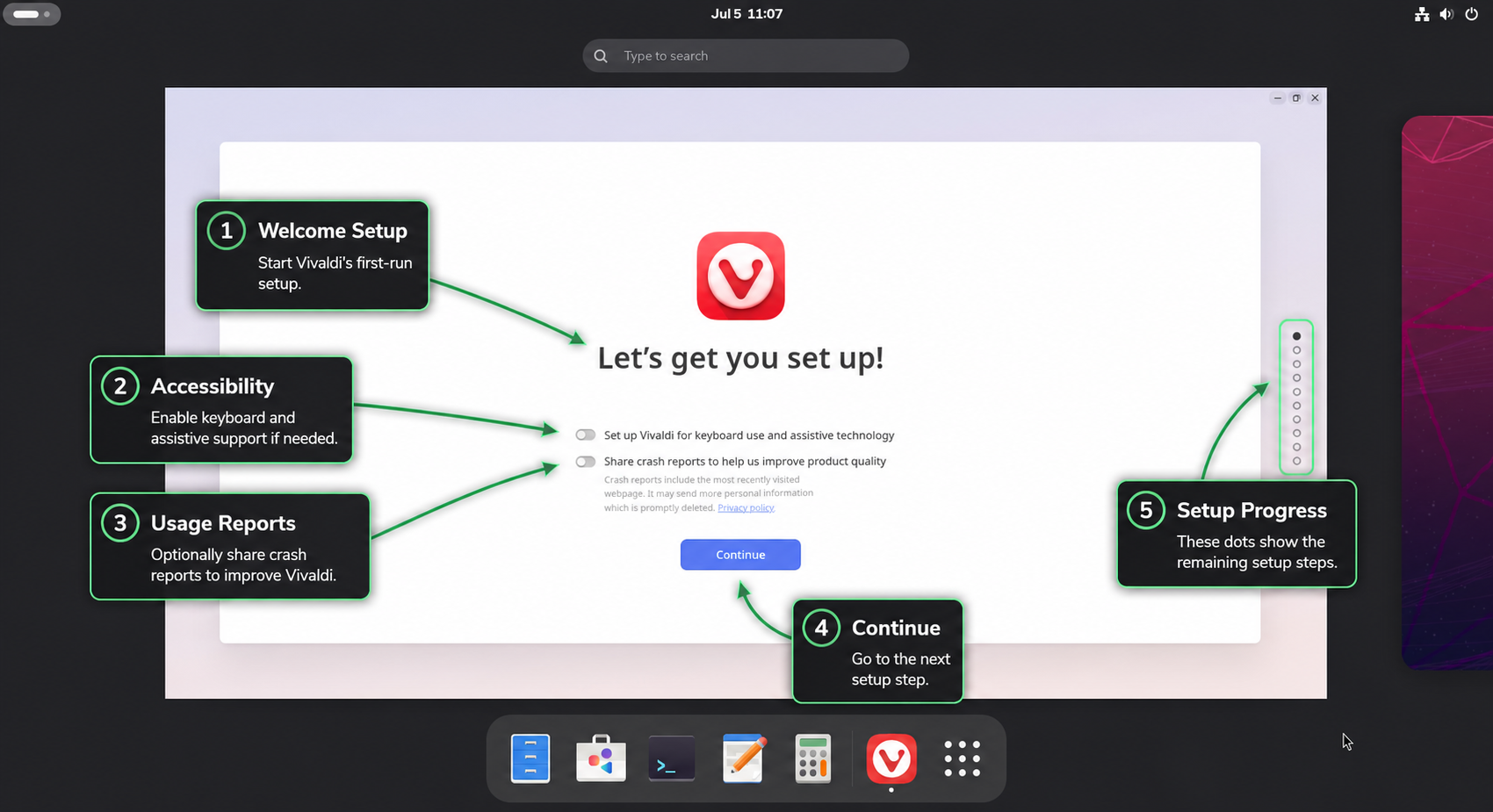 Vivaldi first-run setup screen with accessibility, crash report, continue, and progress callouts