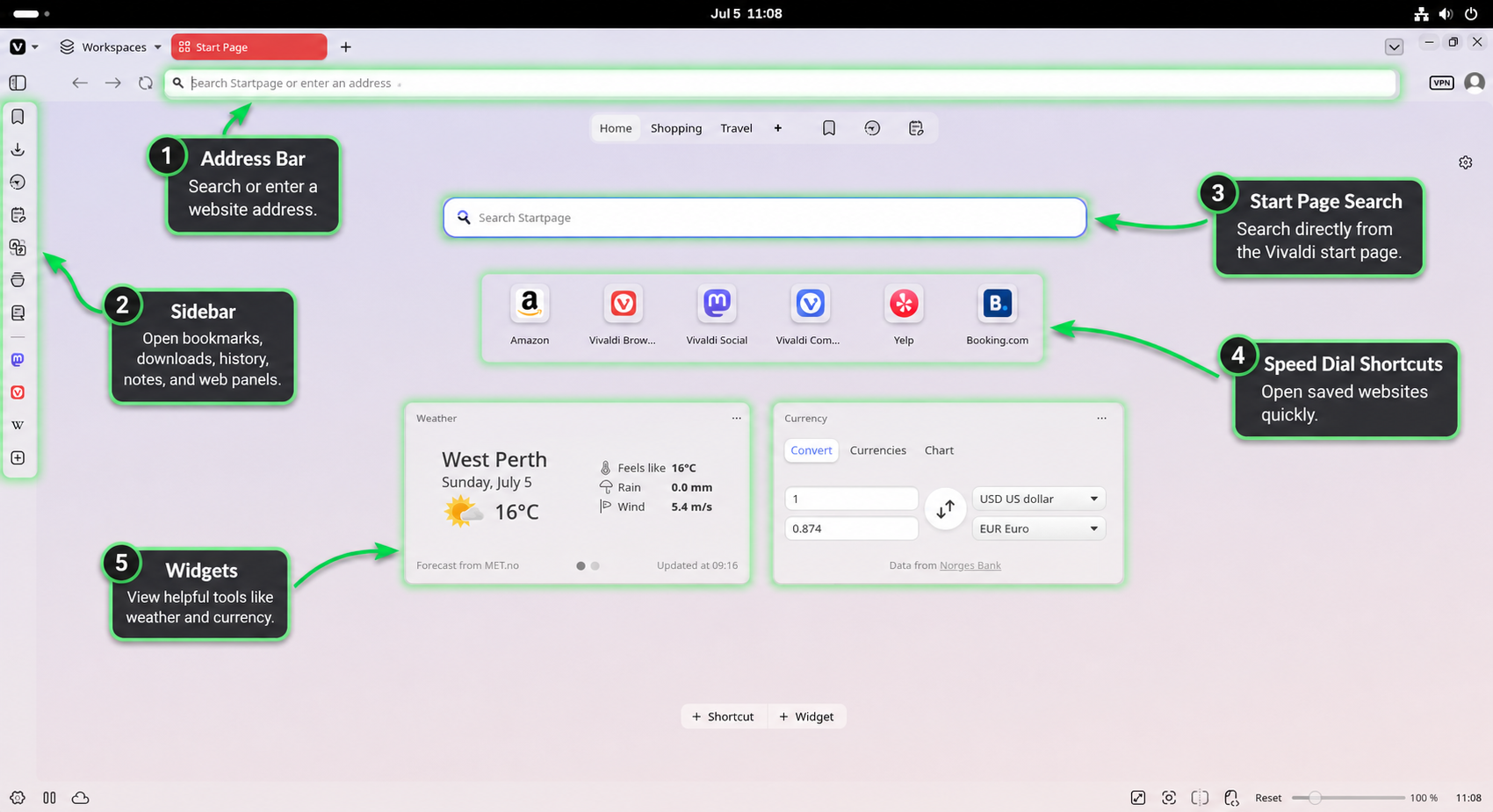 Vivaldi start page with address bar, sidebar, search field, speed dial shortcuts, and widgets